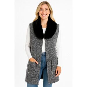 Womens Long Grey Knit Vest Faux Fur Collar Studded Pockets Open Front Sleeveless